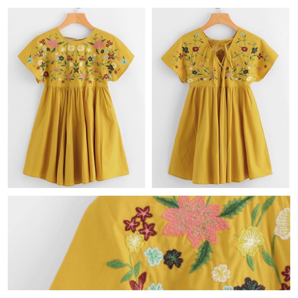 Flower Embroidered Tie Up V Back Smock CasualDress